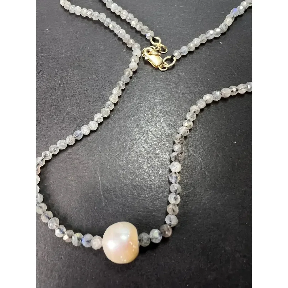 Labradorite and cultured pearl necklace with sterling silver lobster claw clasp